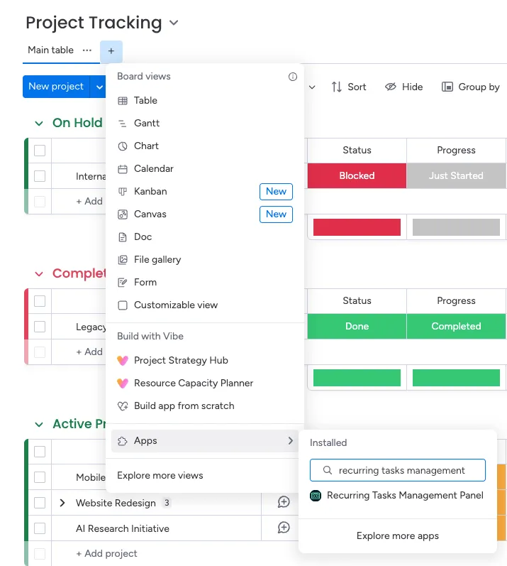 Board view configuration menu showing the + Add view option with Apps selected and Recurring Tasks Management Panel chosen to add the tab.