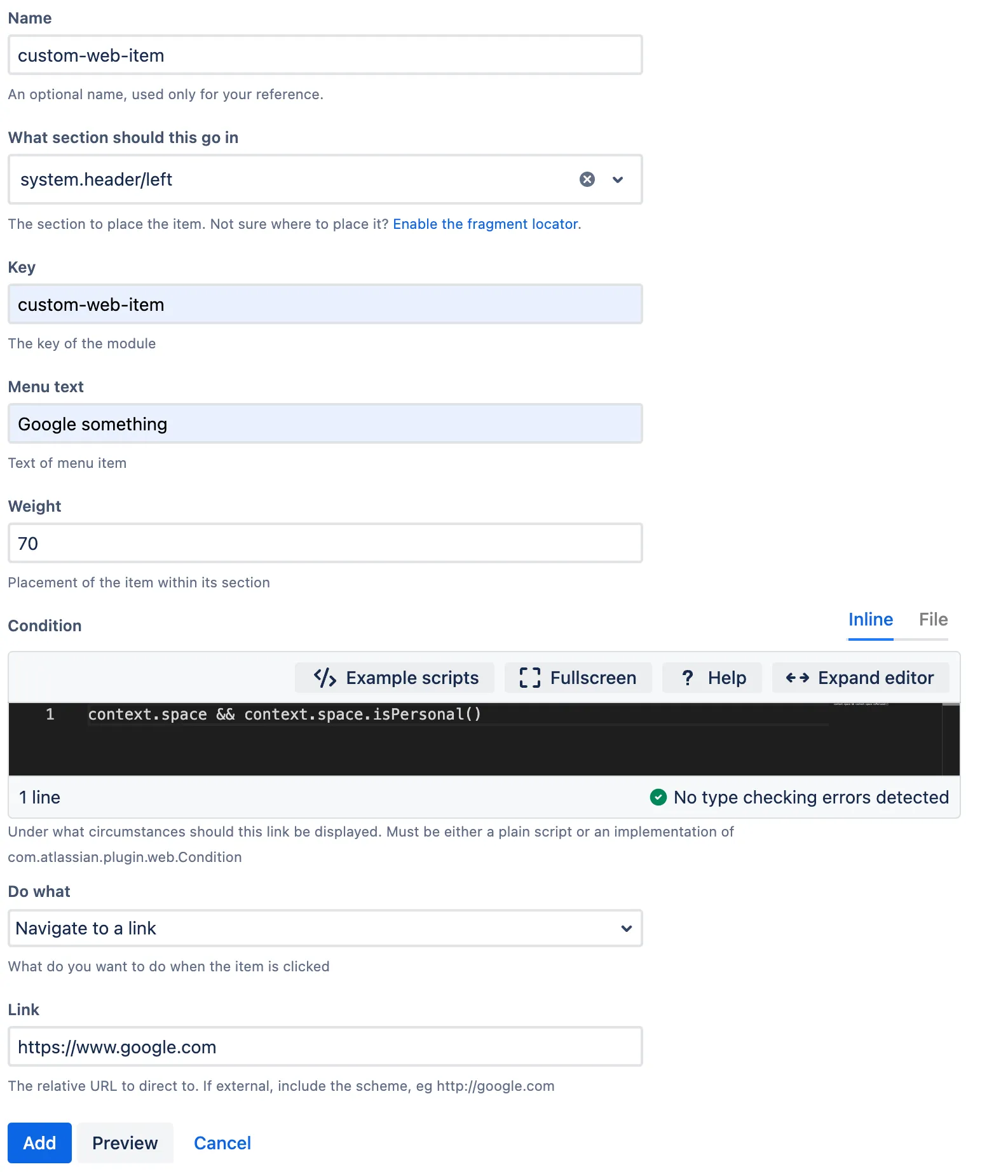 A Web Fragment form with example content.