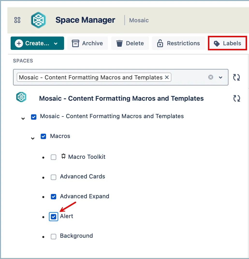 Labels menu showing an additional column that indicates how many pages each label is applied to when updating multiple pages at once.