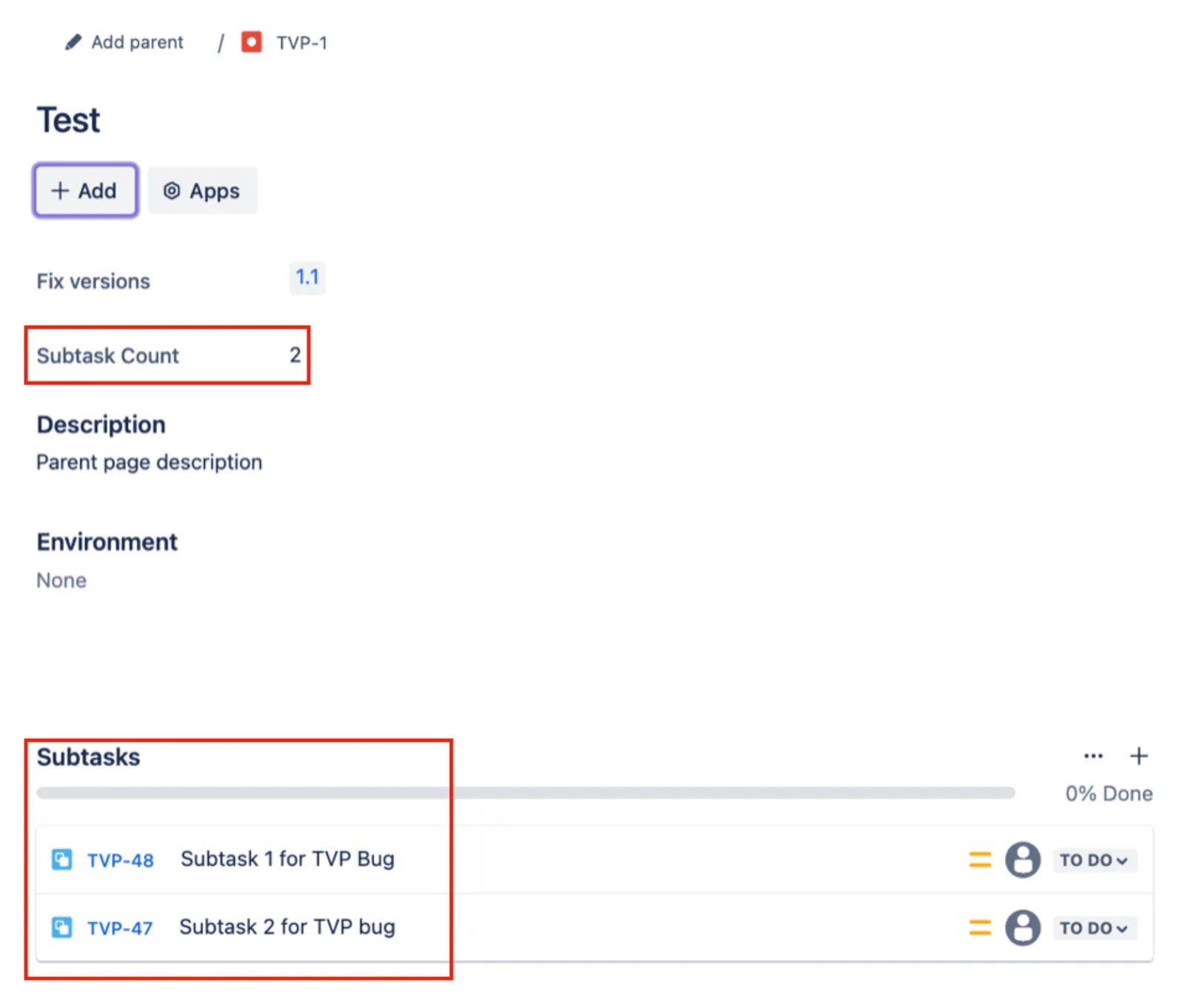 Example of a parent work item updated with the Subtask Count value after the listener script runs.