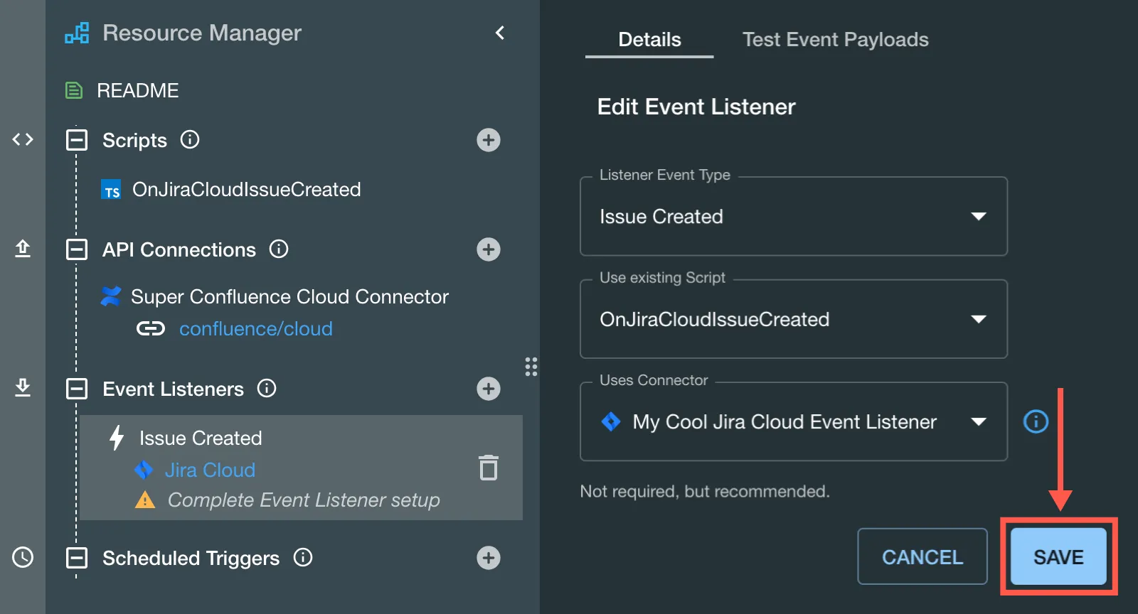 The Save button highlighted in the Edit Event Listner screen.