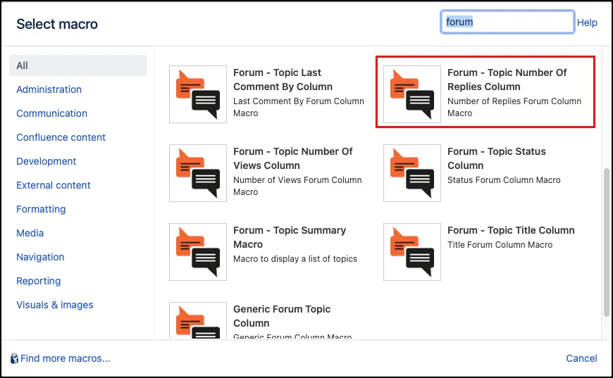 Forum macro menu showing the Forum - Topic Number of Replies Column macro highlighted in the Other Macros list.