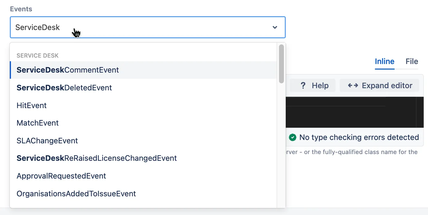 Custom listener configuration screen in Jira Service Management showing ScriptRunner event settings