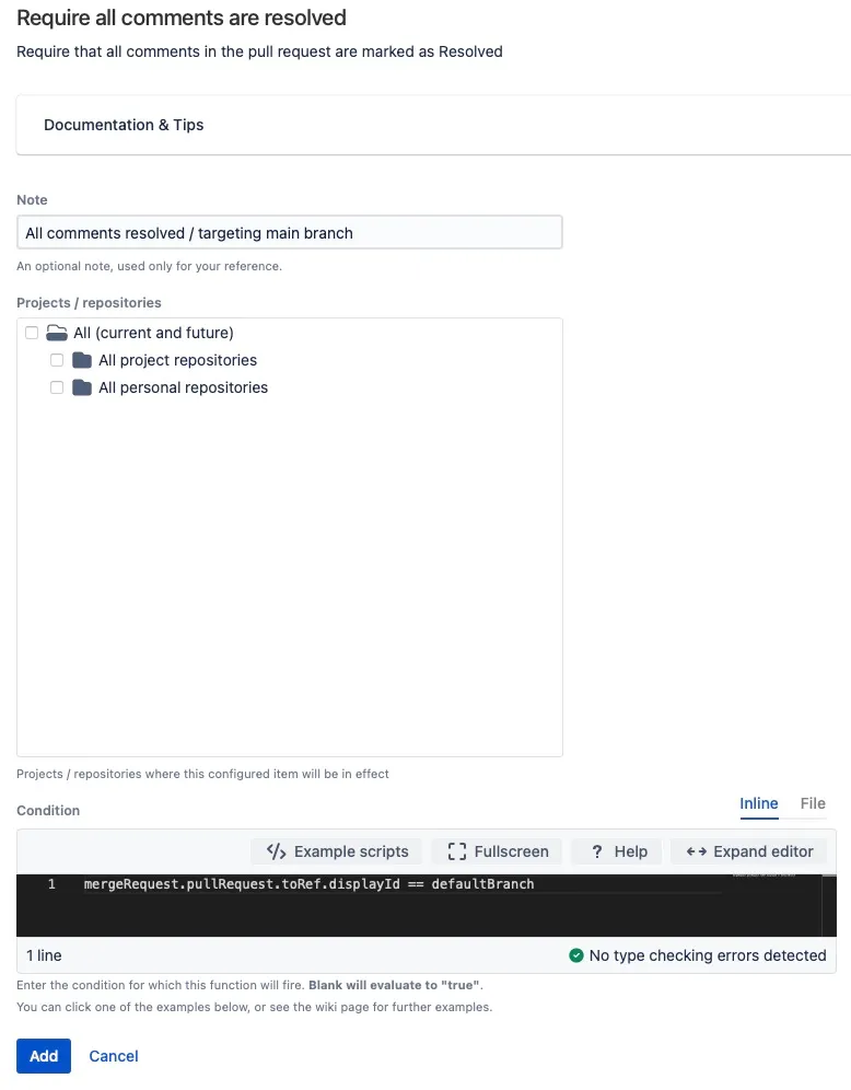 Require all Comments are Resolved merge check configuration screen