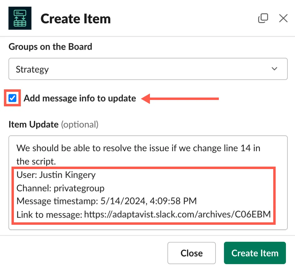 Example of details added to a monday.com item