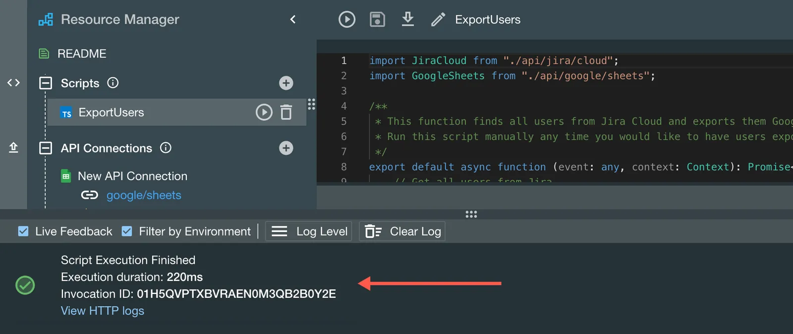 The console log, showing a successful execution of the script.