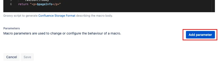 The Add parameter option higlighted in the Create macro screen.