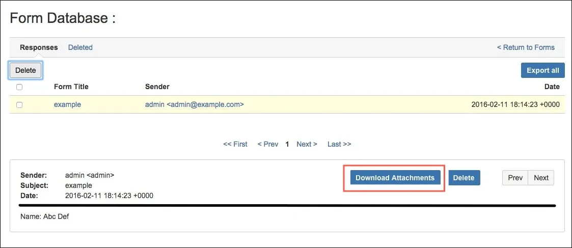 Download attachments button in the Internal Database collector response view