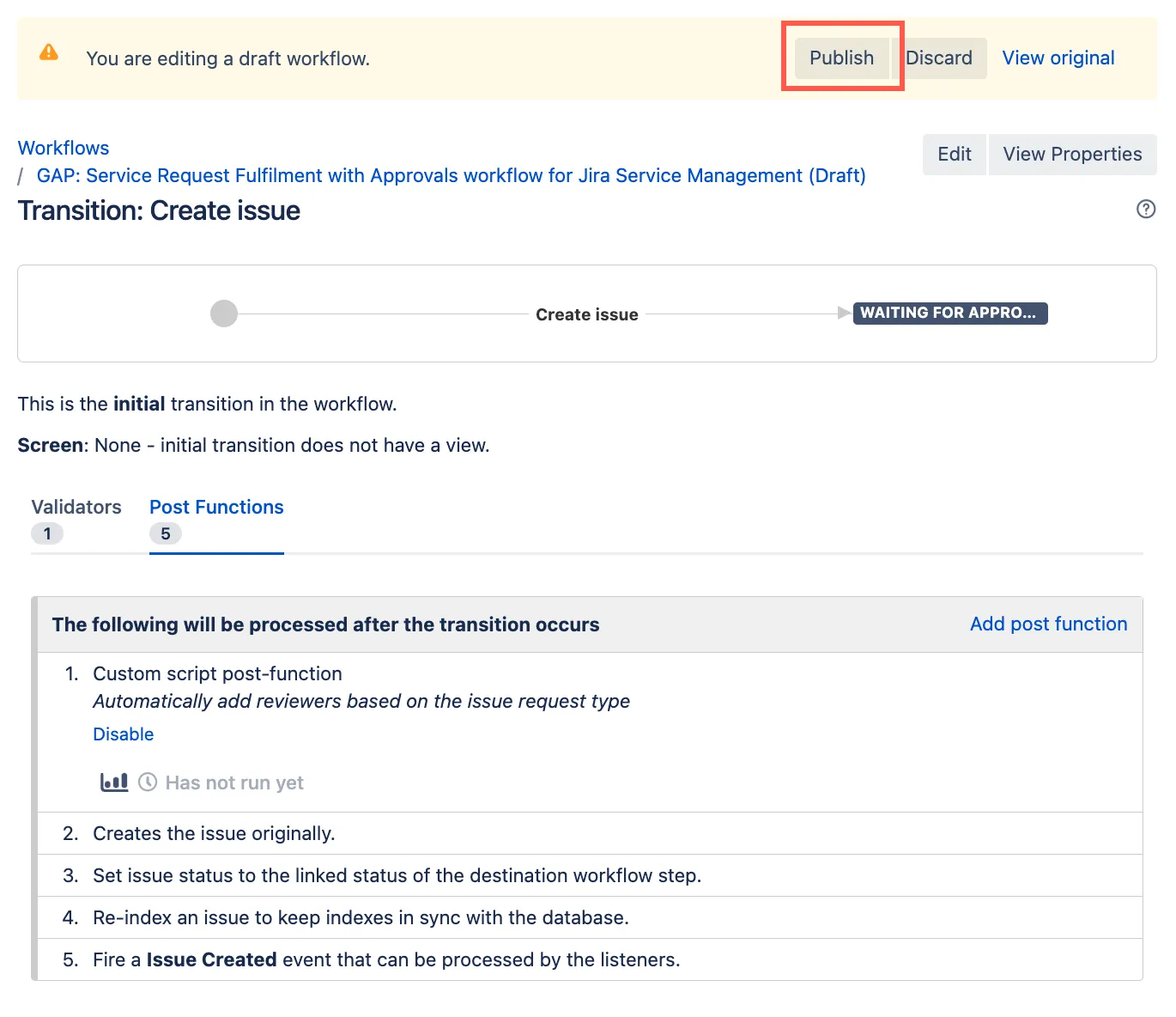 Jira workflow transition screen showing the new custom script post-function added and the Publish button highlighted