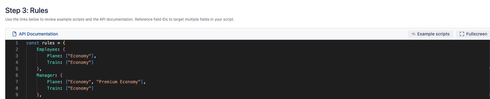 Example of the behaviour script pasted into the Step 3: Rules script editor