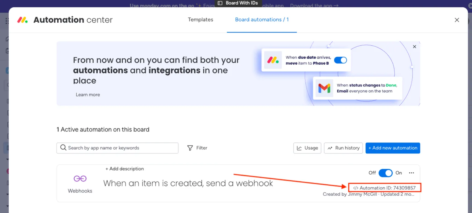 The Webhook ID shown on the webhook automations board.
