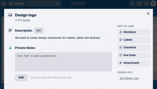 Animated GIF showing how to open a Trello card and add a secure Private Note using the power-up