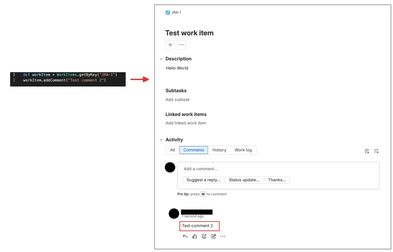 Add a comment to a Jira work item using the HAPI script example