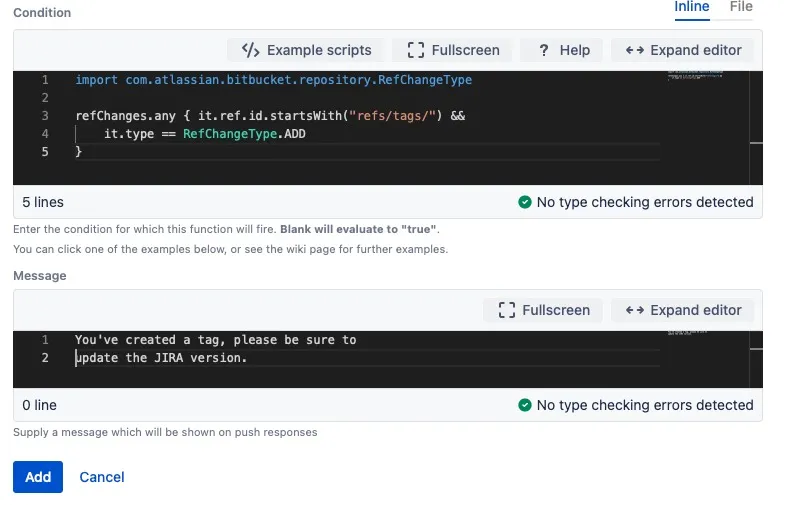 Example Bitbucket output showing a reminder message