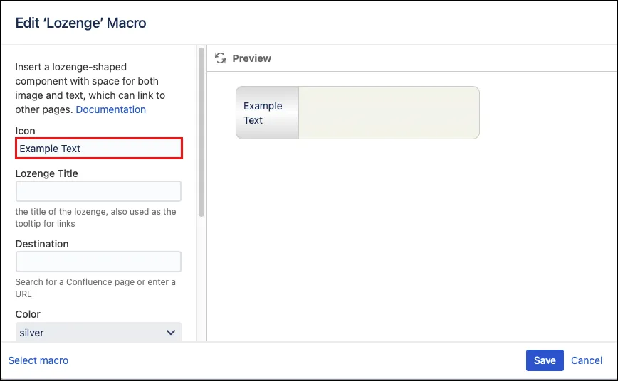 Example of a label with text displayed in the left-hand Icon field