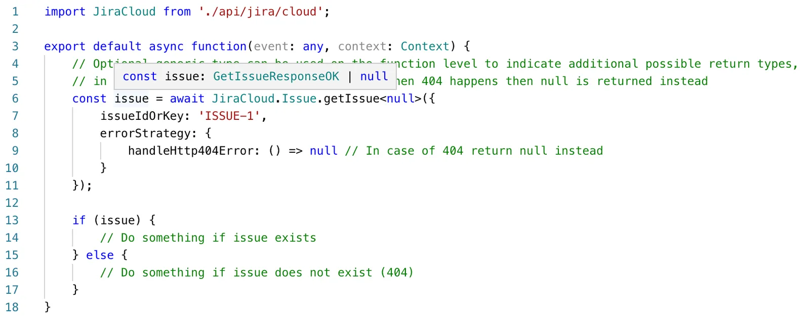 Code snippet showing a JavaScript function to handle Jira API calls. Includes comments and conditional logic for handling HTTP 404 errors gracefully.