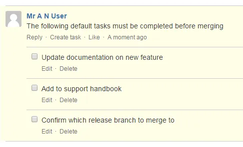 Example Bitbucket pull request showing tasks added automatically to the description