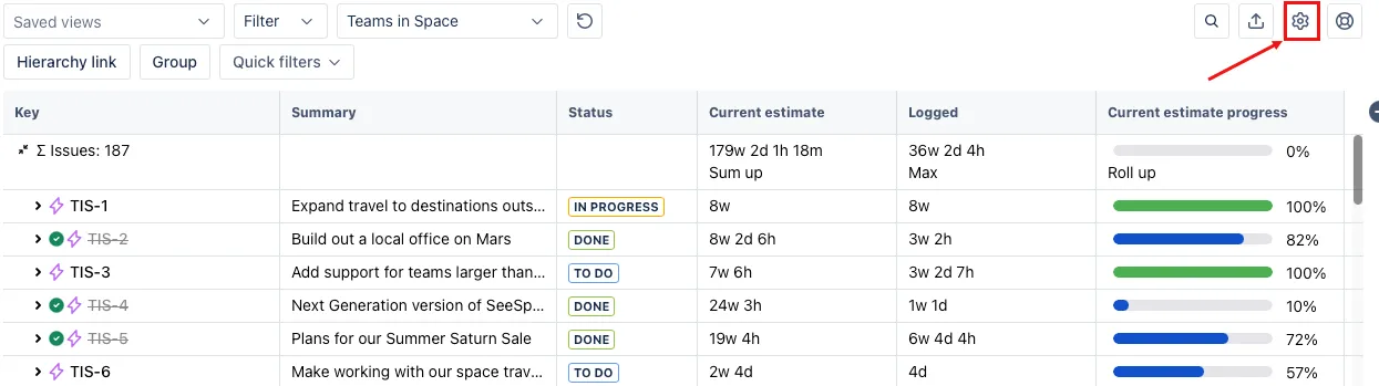 A screenshot showing the Settings cog that you need to click to open the Settings modal window.