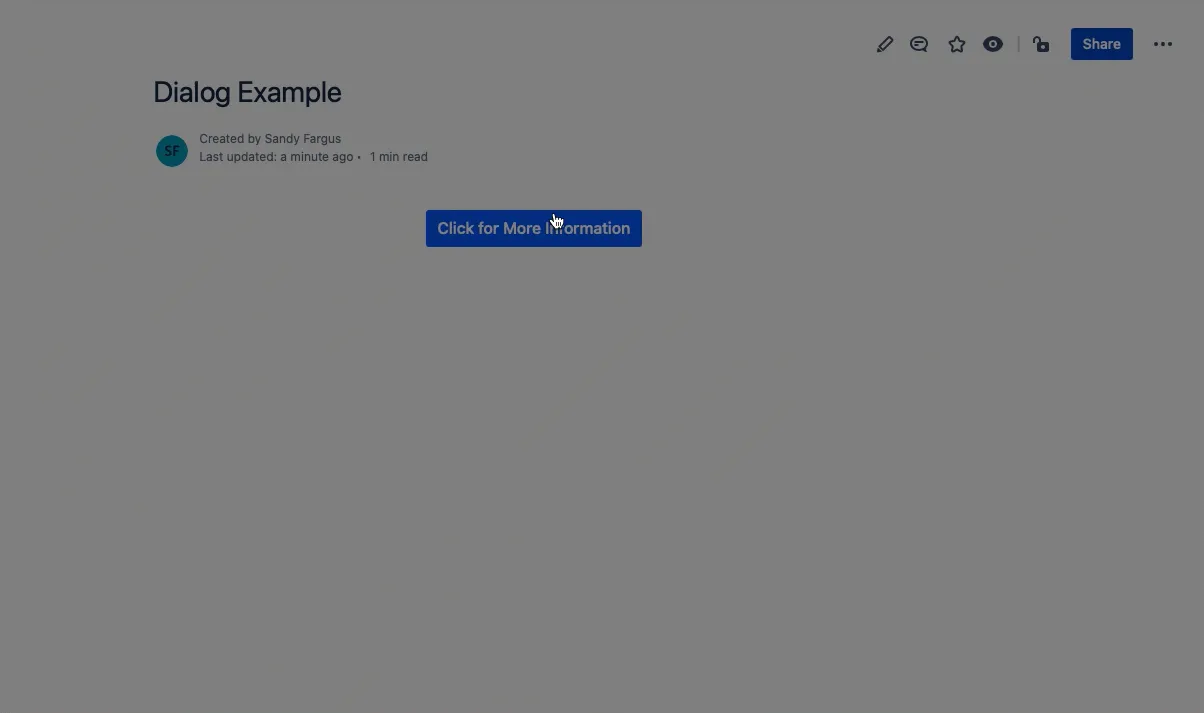 Animated example showing a pop-up dialog containing two buttons: one linking to an external webpage and one linking to an anchor on the same page, demonstrating how to use pop-up dialogs to create simple decision trees.