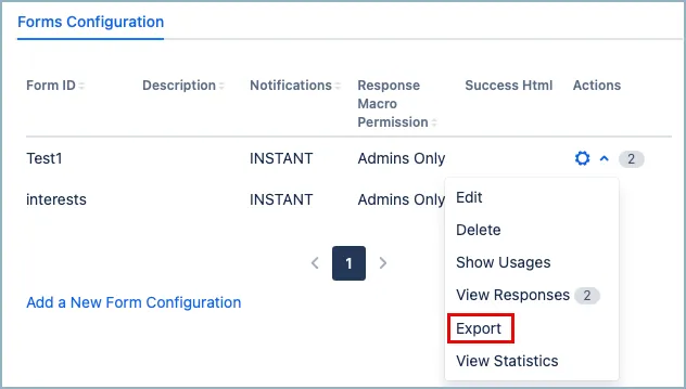 Forms Configuration tab showing the cog icon menu with the Export option highlighted for a selected Form ID.