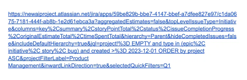 Comparison of previous and improved shareable link URLs in Hierarchy for Jira, showing that the new links are shorter and tailored to the current view.