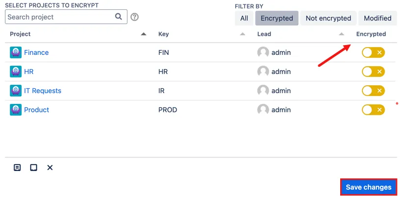 Attachment Encryption screen showing the Encrypted toggle switched off for selected projects and the Save changes button highlighted
