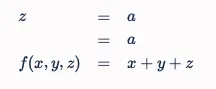 Rendered LaTeX array showing a multi-line equation for z and f(x,y,z) aligned in columns