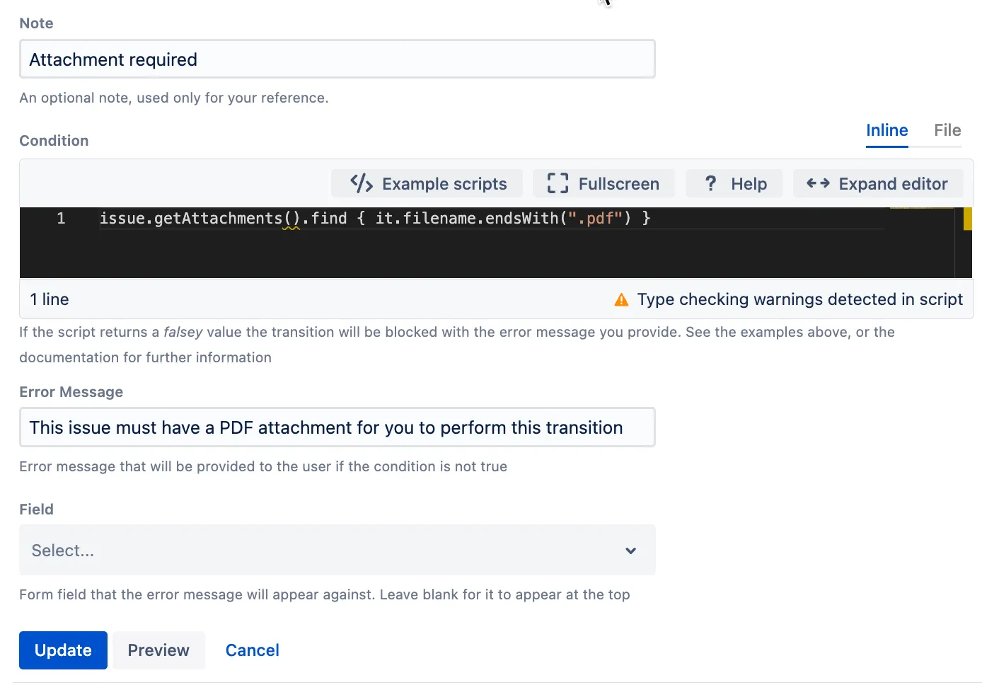 Workflow transition with attachments field