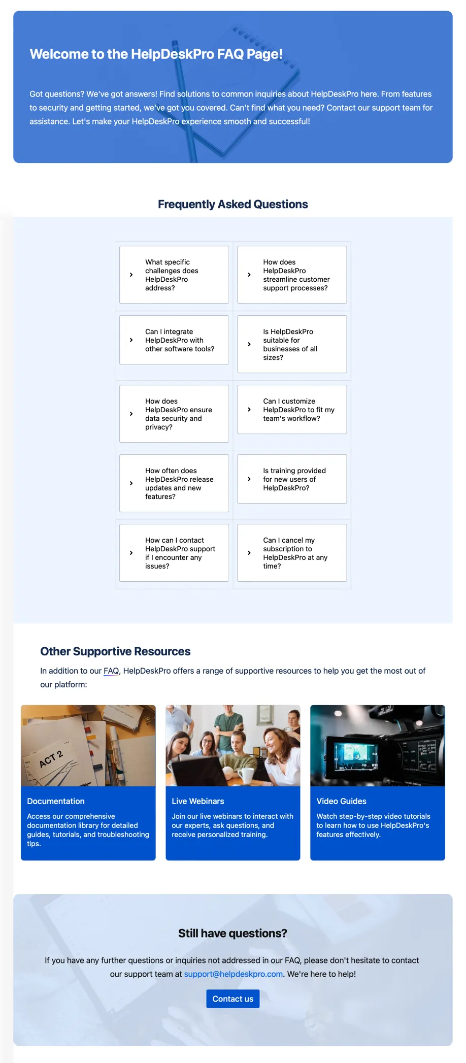 Published FAQs page template
