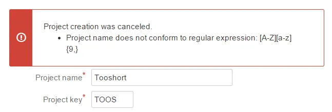 Project creation dialog showing an error message when the name does not match the configured naming rules