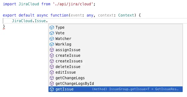 Code editor displaying JavaScript code with an import statement for 'JiraCloud' and an async function. A dropdown suggests Jira issue methods like 'getIssue'.