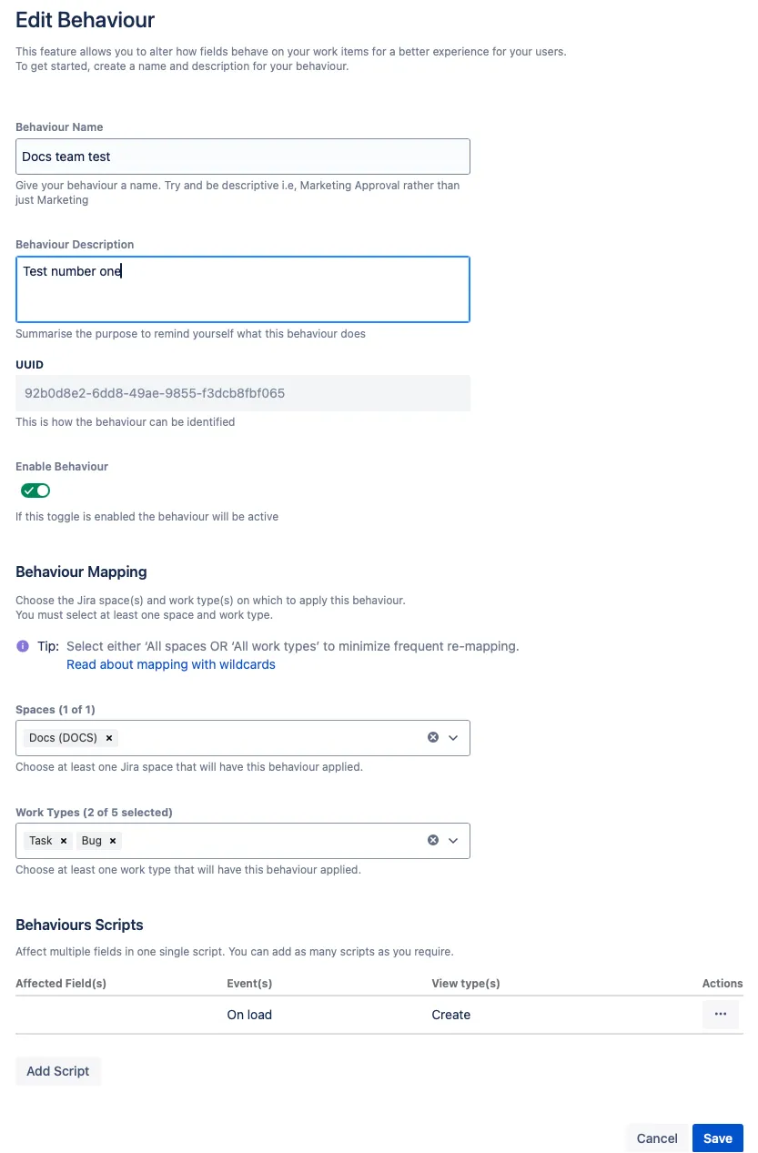 The Edit Behaviour screen showing configuration options, including name, description, status toggle, space and work type mappings, and script settings