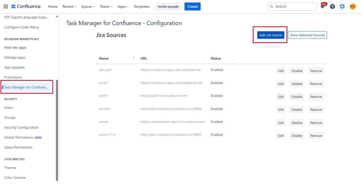 Task Manager for Confluence configuration screen showing the Add Jira Source form with fields for source name and URL and the Save button highlighted