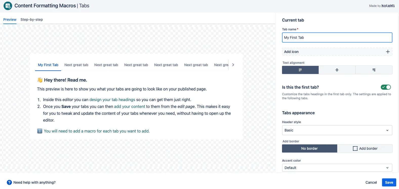 Mockup of a new tab with the name "My first tab," viewed from a preview panel.