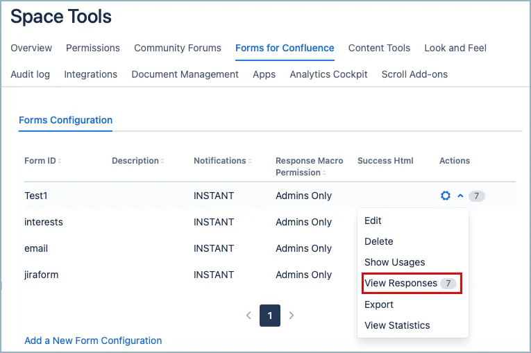 View Responses option in the Forms for Confluence space tools menu