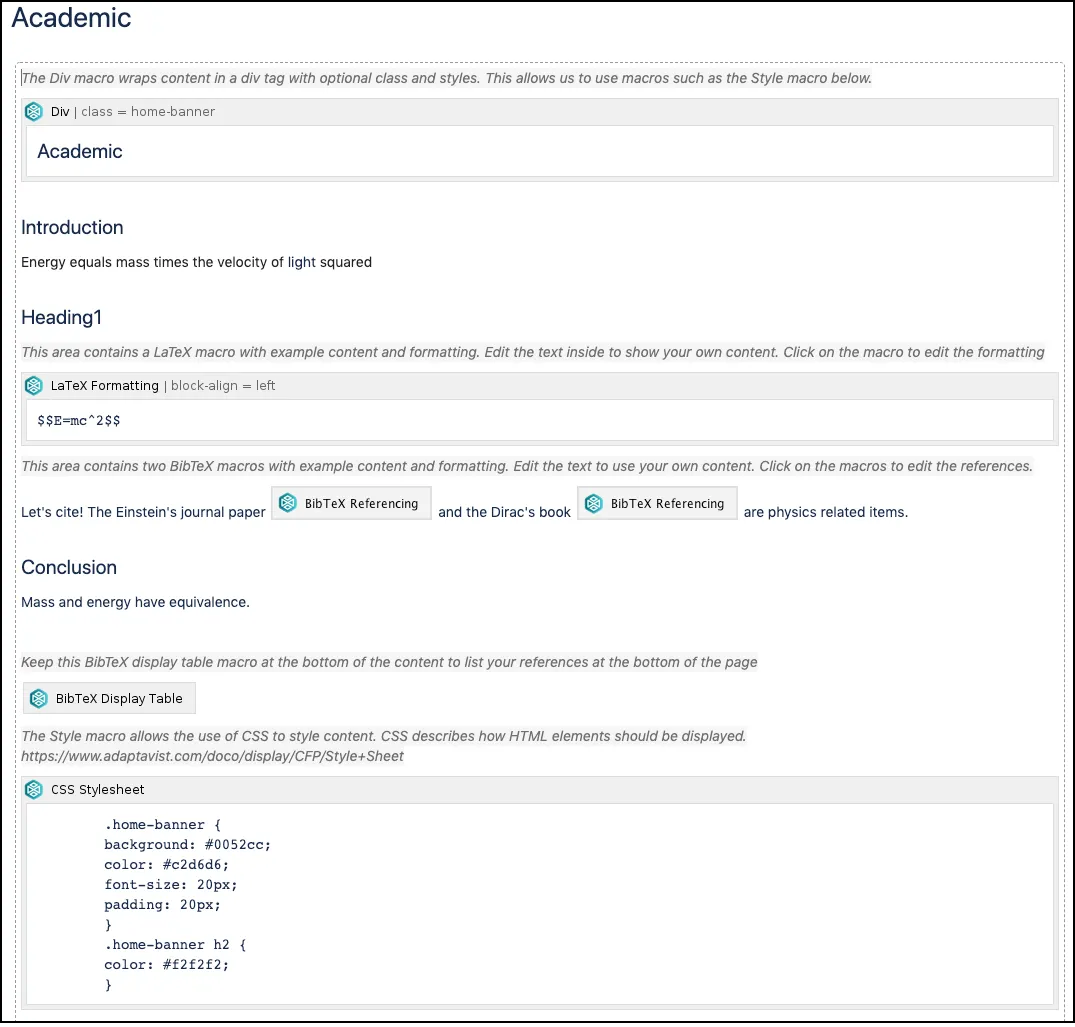 The edit page of the academic template showing editing options and controls