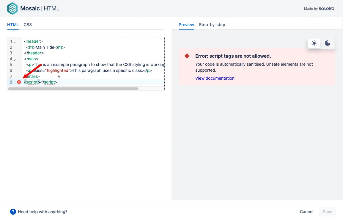 Example of highlighted, blocked HTML code that violates the allow list sanitization rules