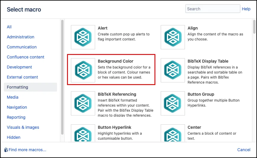 Macro Browser showing the Background Color macro selected