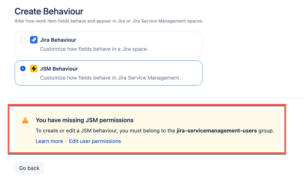 Warning message displayed when the user is not in the jira-servicemanagement-users group