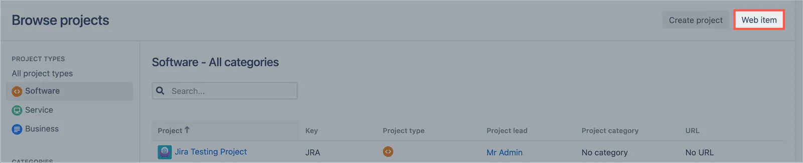 Screenshot of the Browse projects page highlighting the system.browse.projects.operations fragment location used to add a Browse projects button.