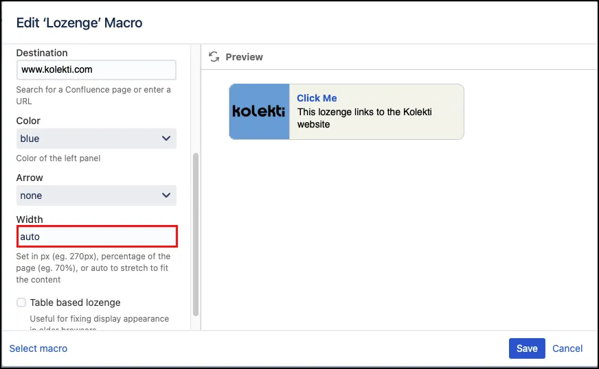Lozenge width field set to auto in the interface