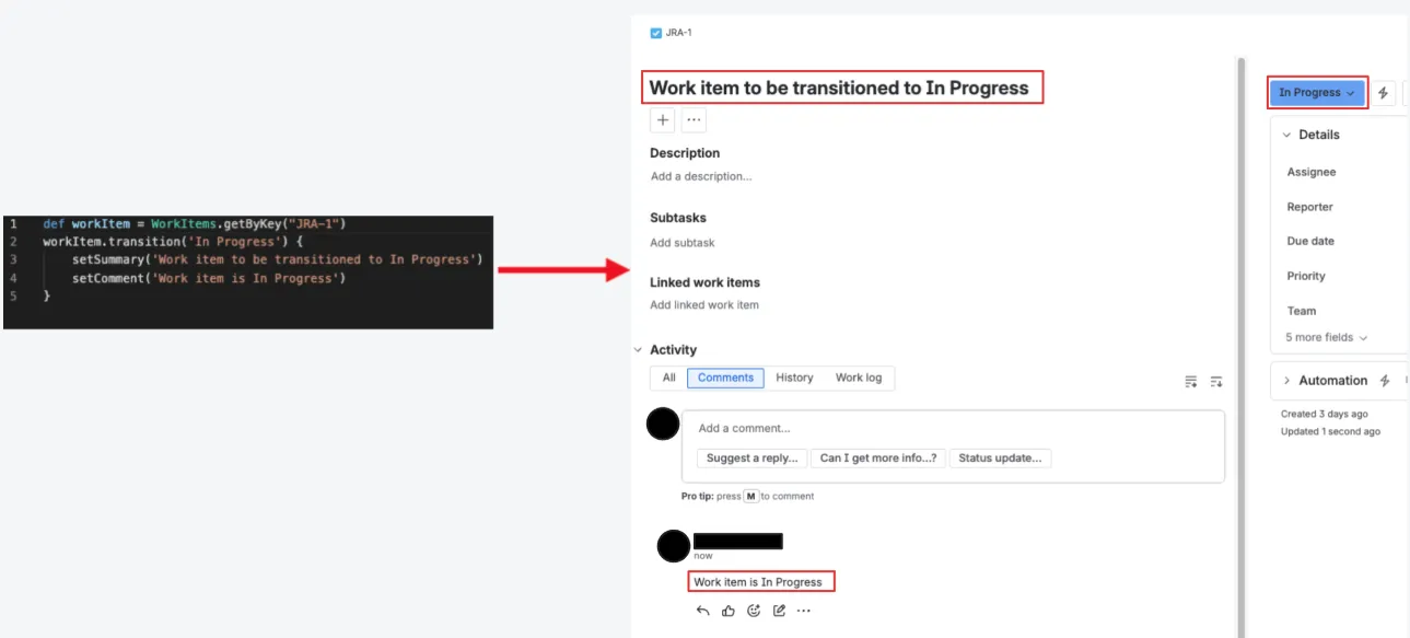 Transition in progress dialog showing editable fields such as Summary, Comment, and Priority during a Jira work item transition