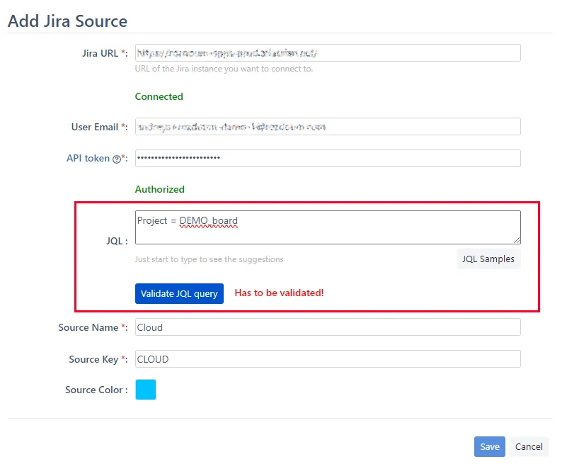 Image showing the JQL field highlighted on the Add Jira Source screen