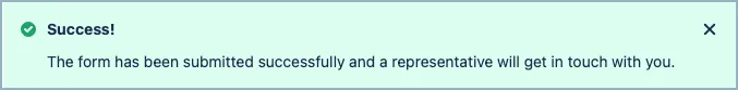 Example of a published page showing the customized success message after form submission