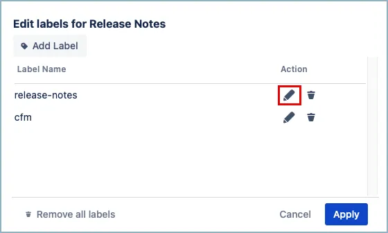 Labels list with the edit icon highlighted next to the selected label