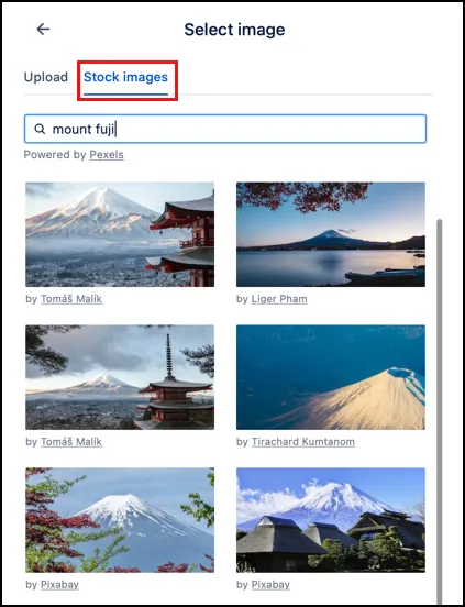 Stock images tab in the macro image picker, showing a searchable library of free images for Confluence pages