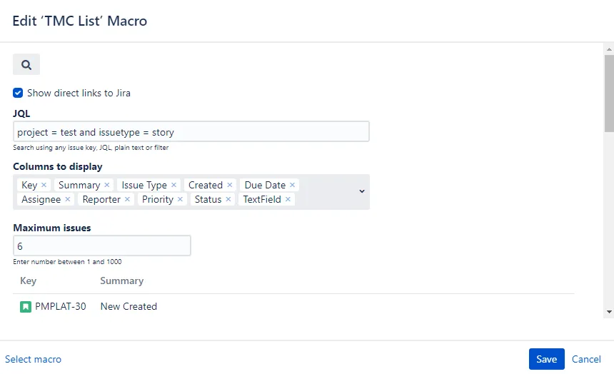 Confluence TMC List macro configuration dialog highlighting the Maximum issues field used to limit the number of Jira issues displayed