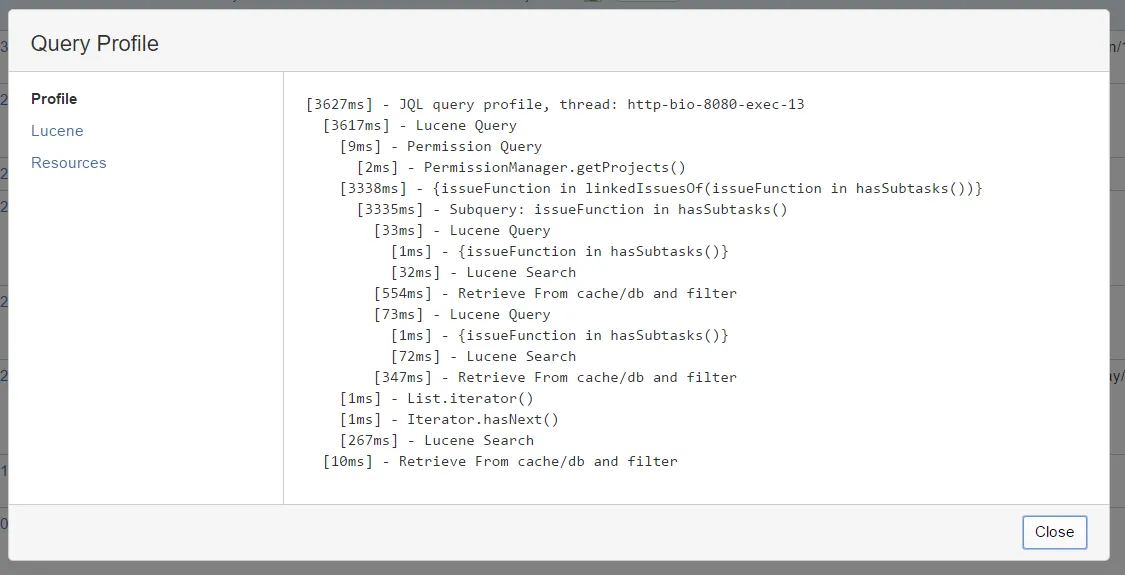 JQL profile results screenshot