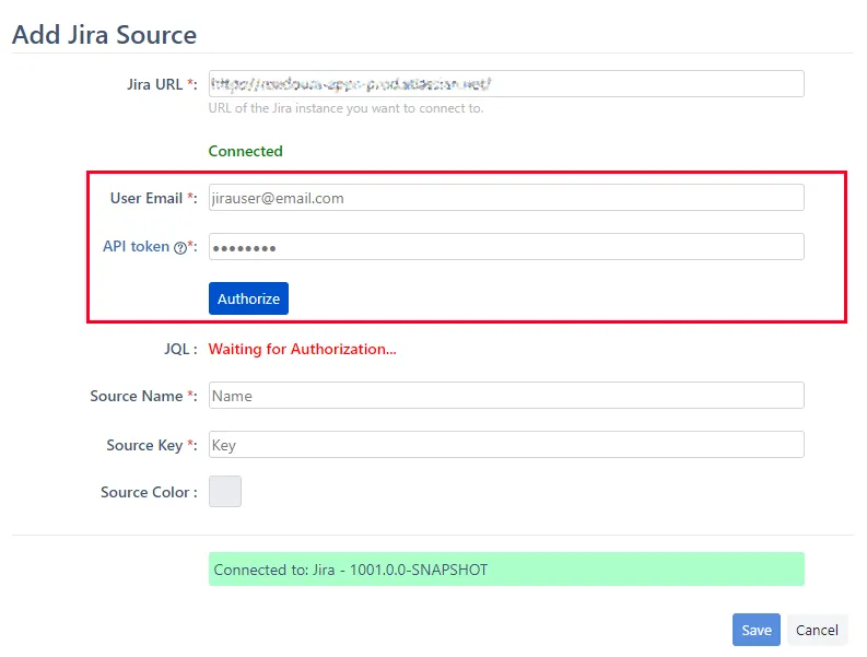Image showing User Email and API token fields highlighted on the Add Jira Sourc screen