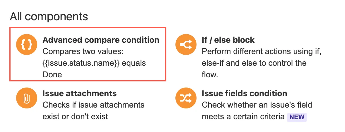 Automation for Jira Advanced compare condition configuration screen with New condition and Advanced compare condition options highlighted